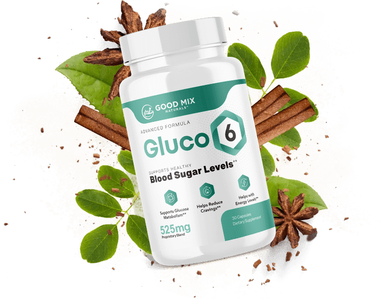 Gluco6 blood sugar support supplement bottle with cinnamon sticks, star anise, and green leaves on dark background